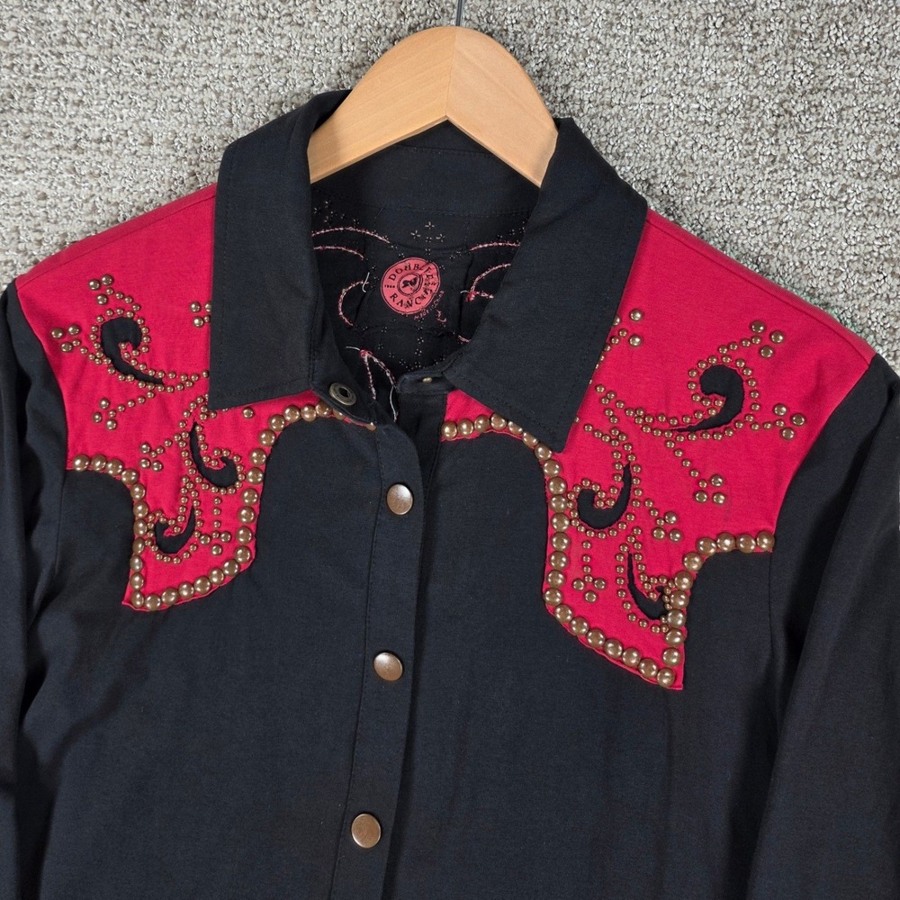 Double D Ranch Womens Western Shirt Black Red Studded Embroidered Snap Front L - Picture 2 of 10